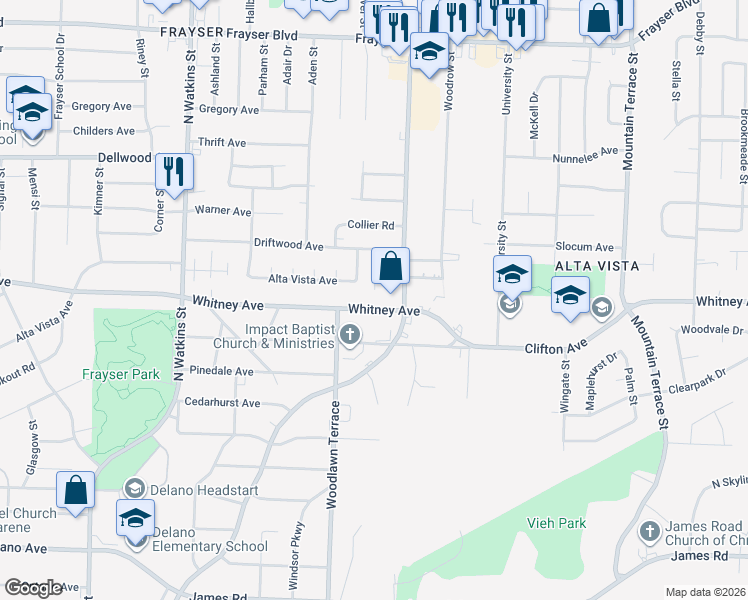 map of restaurants, bars, coffee shops, grocery stores, and more near 2042 Whitney Avenue in Memphis