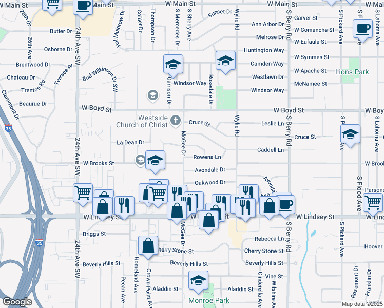 map of restaurants, bars, coffee shops, grocery stores, and more near 1723 Rowena Lane in Norman