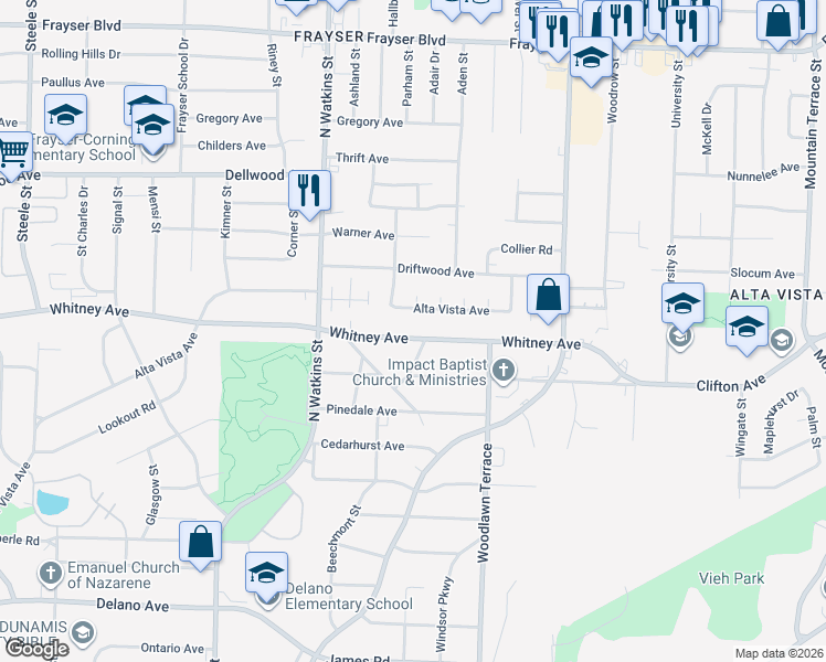 map of restaurants, bars, coffee shops, grocery stores, and more near 1904 Whitney Avenue in Memphis