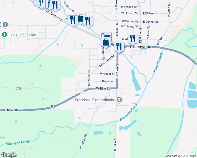 map of restaurants, bars, coffee shops, grocery stores, and more near 340 Dogwood in Greenwood