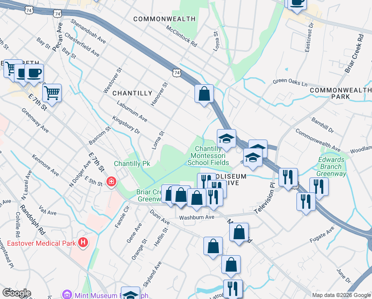 map of restaurants, bars, coffee shops, grocery stores, and more near 2652 Laburnum Avenue in Charlotte