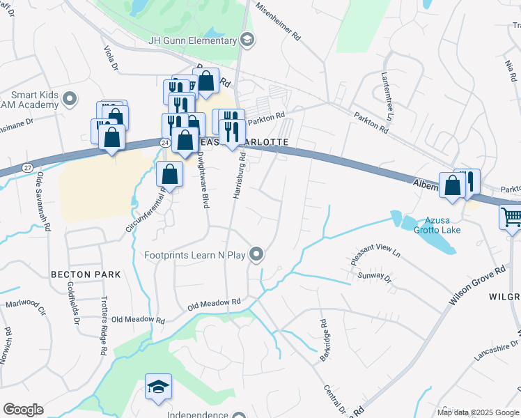 map of restaurants, bars, coffee shops, grocery stores, and more near 6605 Old Meadow Road in Charlotte