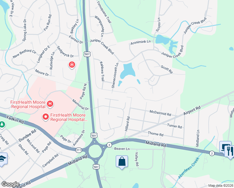 map of restaurants, bars, coffee shops, grocery stores, and more near 111 Sakonnet Trail in Pinehurst