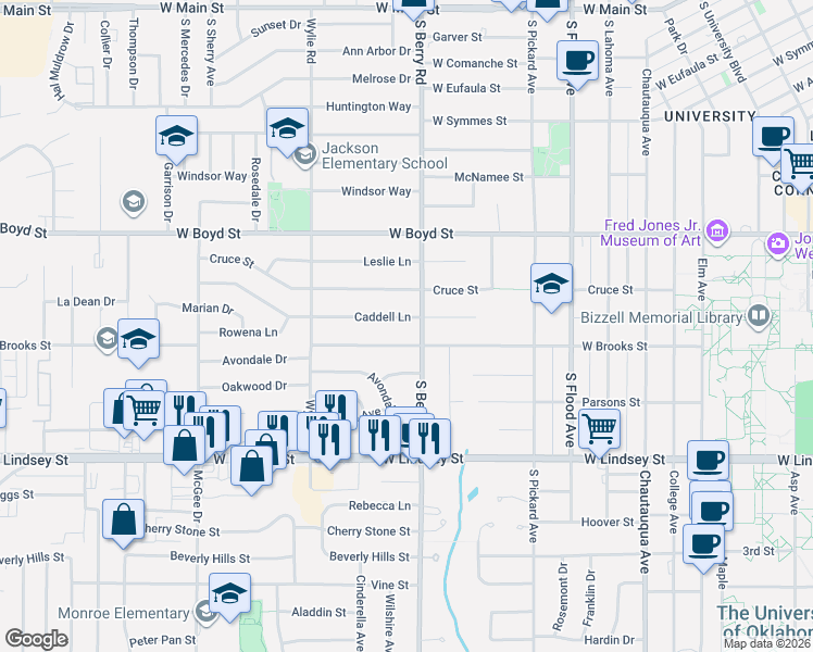 map of restaurants, bars, coffee shops, grocery stores, and more near 1202 Caddell Ln in Norman