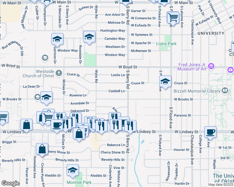 map of restaurants, bars, coffee shops, grocery stores, and more near 1215 West Brooks Street in Norman