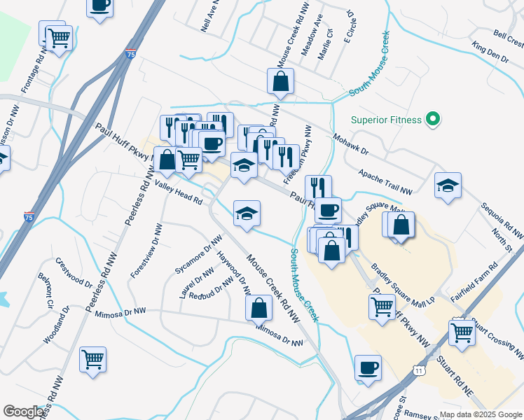 map of restaurants, bars, coffee shops, grocery stores, and more near 4300 Mouse Creek Road Northwest in Cleveland