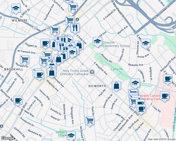 map of restaurants, bars, coffee shops, grocery stores, and more near East Bland Street in Charlotte