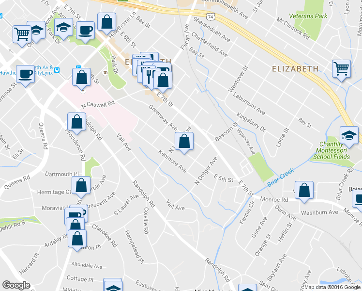 map of restaurants, bars, coffee shops, grocery stores, and more near 2305 East 5th Street in Charlotte