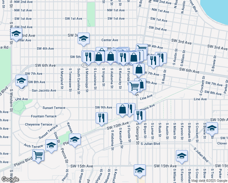 map of restaurants, bars, coffee shops, grocery stores, and more near 817 South Alabama Street in Amarillo