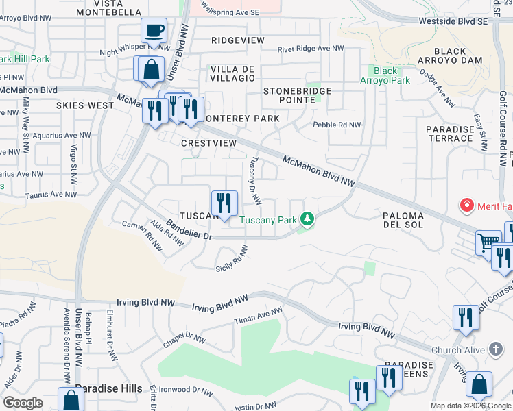 map of restaurants, bars, coffee shops, grocery stores, and more near 10535 Tuscany Drive Northwest in Albuquerque