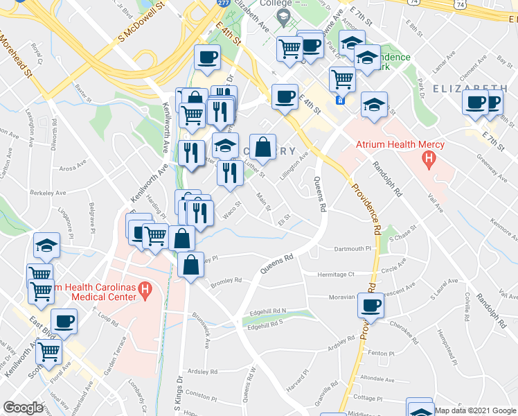 map of restaurants, bars, coffee shops, grocery stores, and more near in Charlotte