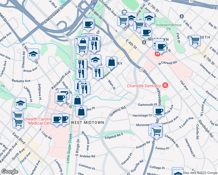 map of restaurants, bars, coffee shops, grocery stores, and more near 1727 Baxter Street in Charlotte