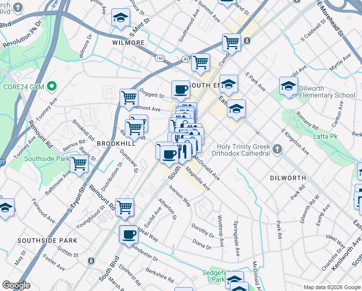 map of restaurants, bars, coffee shops, grocery stores, and more near in Charlotte