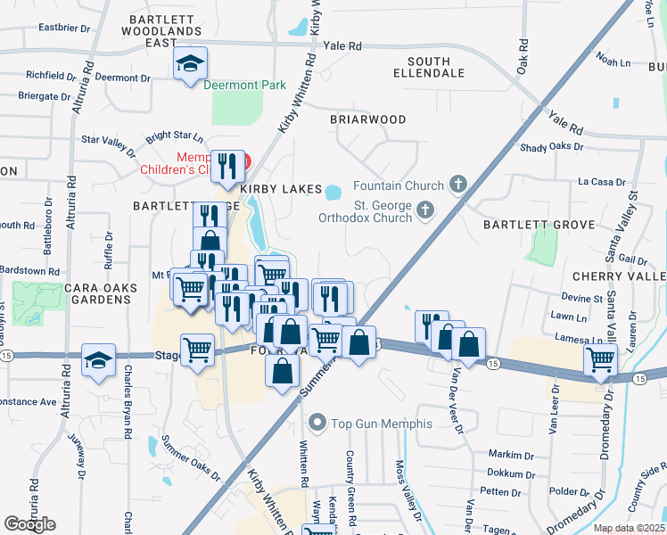 map of restaurants, bars, coffee shops, grocery stores, and more near 6896 U.S. 70 in Bartlett