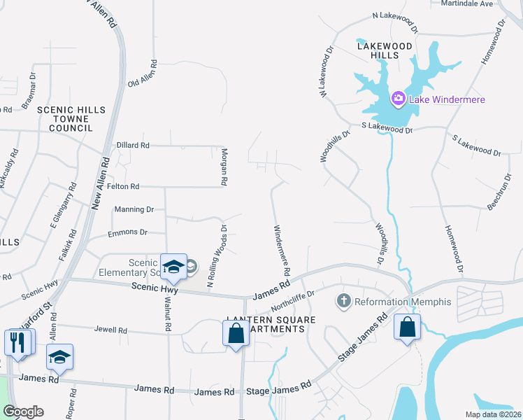 map of restaurants, bars, coffee shops, grocery stores, and more near 3021 Windermere Road in Memphis