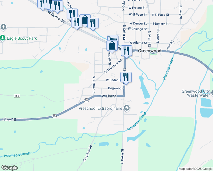 map of restaurants, bars, coffee shops, grocery stores, and more near 340 Dogwood in Greenwood