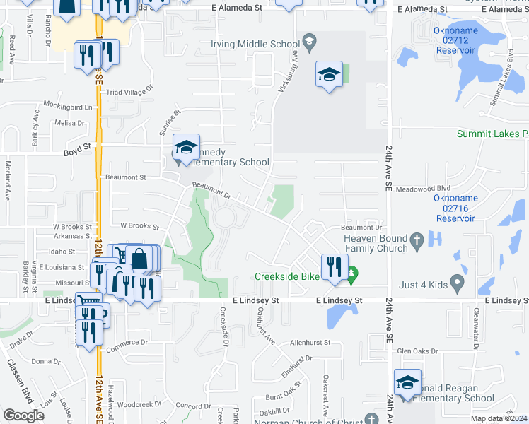 map of restaurants, bars, coffee shops, grocery stores, and more near 2015 Beaumont Drive in Norman