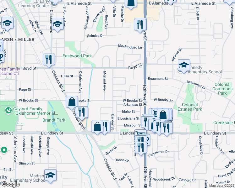 map of restaurants, bars, coffee shops, grocery stores, and more near 1520 Barkley Street in Norman