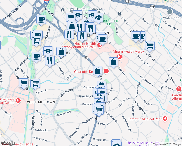 map of restaurants, bars, coffee shops, grocery stores, and more near 242 South Colonial Avenue in Charlotte