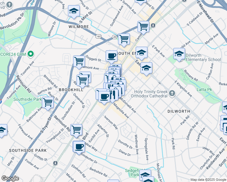 map of restaurants, bars, coffee shops, grocery stores, and more near 2100 South Boulevard in Charlotte
