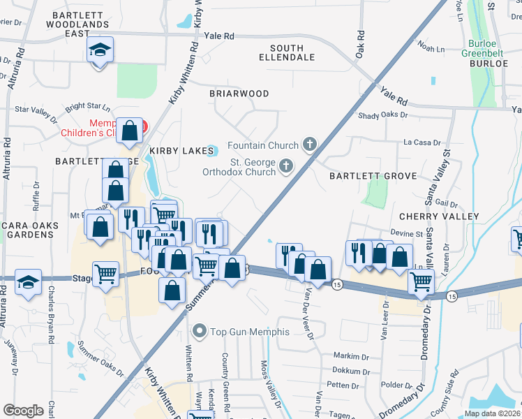 map of restaurants, bars, coffee shops, grocery stores, and more near 6957 U.S. 79 in Bartlett