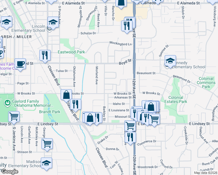 map of restaurants, bars, coffee shops, grocery stores, and more near 1520 Barkley Street in Norman