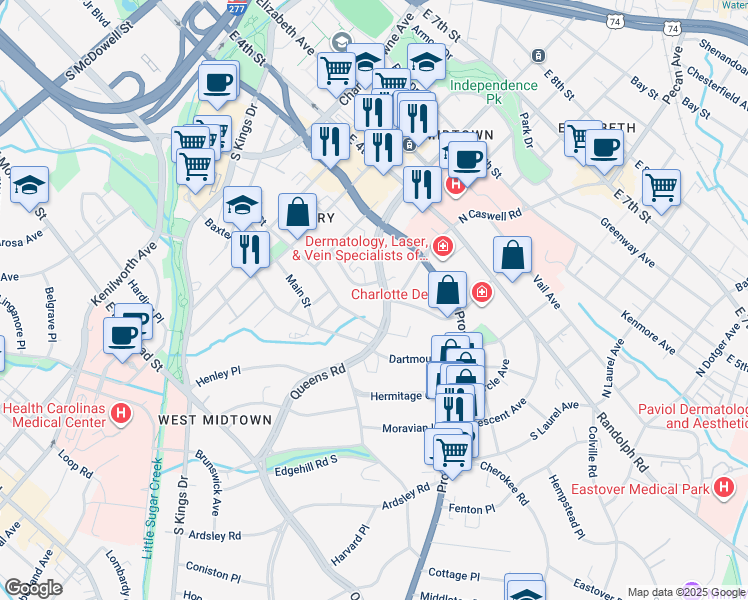 map of restaurants, bars, coffee shops, grocery stores, and more near in Charlotte