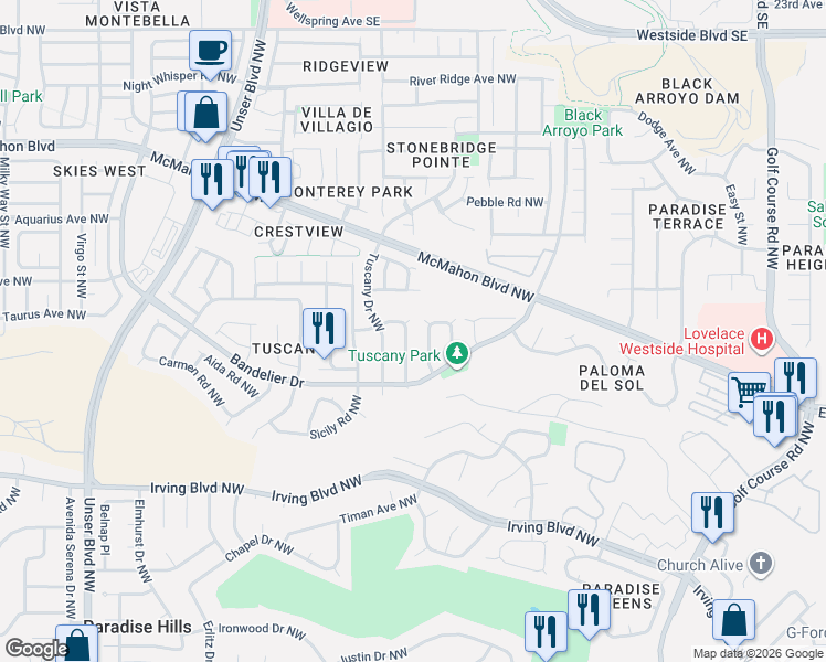 map of restaurants, bars, coffee shops, grocery stores, and more near 10532 Portofino Drive Northwest in Albuquerque