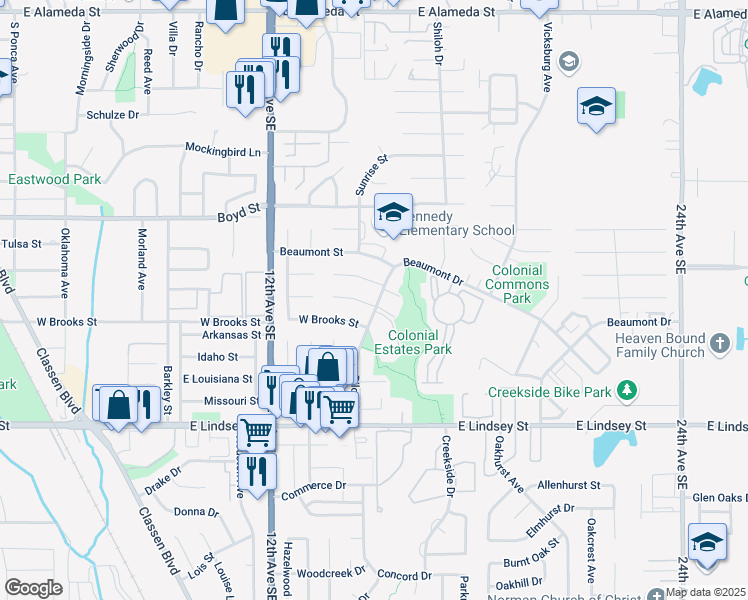 map of restaurants, bars, coffee shops, grocery stores, and more near 1343 Atlanta Circle in Norman