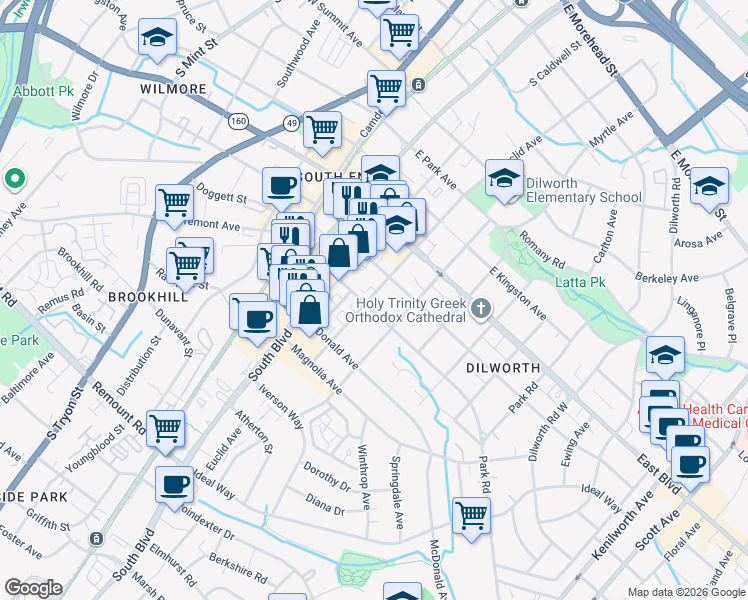 map of restaurants, bars, coffee shops, grocery stores, and more near 1923 Euclid Avenue in Charlotte