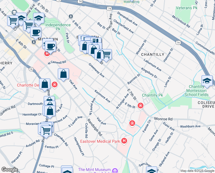 map of restaurants, bars, coffee shops, grocery stores, and more near 2305 East 5th Street in Charlotte