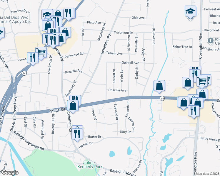 map of restaurants, bars, coffee shops, grocery stores, and more near 4687 Priscilla Avenue in Memphis