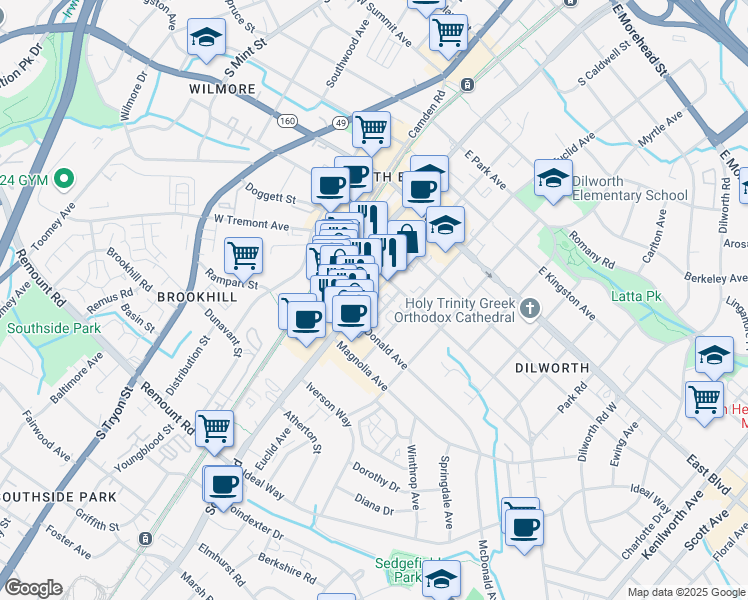 map of restaurants, bars, coffee shops, grocery stores, and more near 2025 Cleveland Avenue in Charlotte