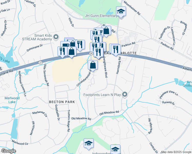 map of restaurants, bars, coffee shops, grocery stores, and more near 8007 Sultana Circle in Charlotte