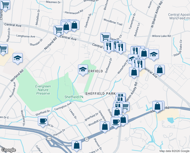 map of restaurants, bars, coffee shops, grocery stores, and more near 3626 Rosehaven Drive in Charlotte