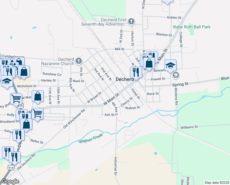 map of restaurants, bars, coffee shops, grocery stores, and more near 303 West Main Street in Decherd