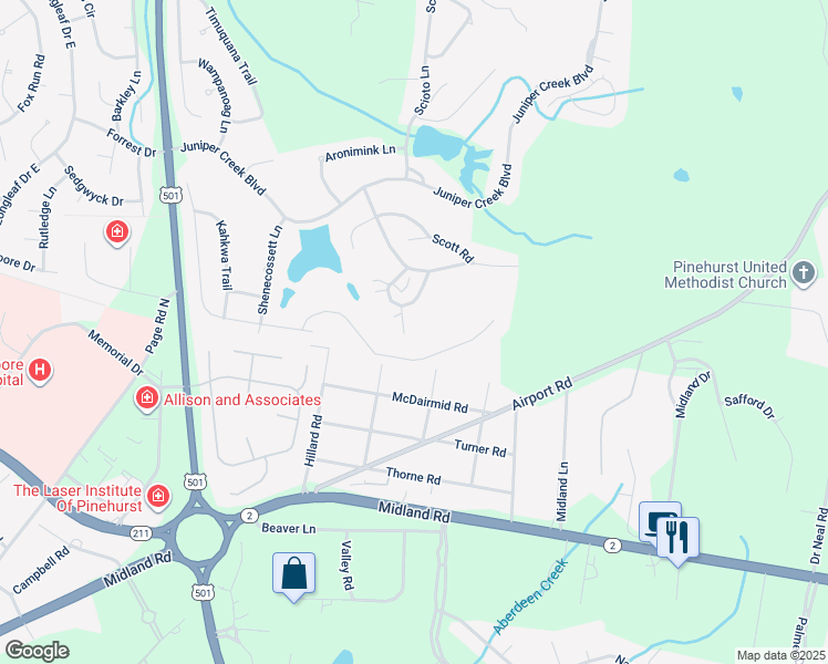 map of restaurants, bars, coffee shops, grocery stores, and more near 17 Sakonnet Trail in Pinehurst