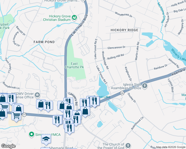 map of restaurants, bars, coffee shops, grocery stores, and more near 6025 Lake Forest Road East in Charlotte
