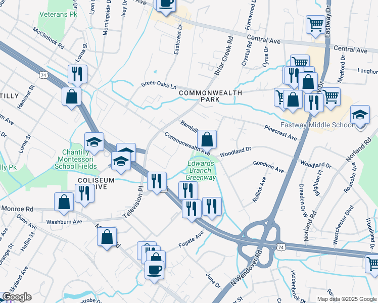 map of restaurants, bars, coffee shops, grocery stores, and more near 1108 Waterman Avenue in Charlotte