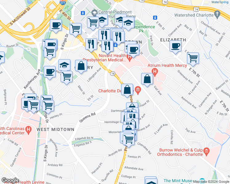 map of restaurants, bars, coffee shops, grocery stores, and more near 242 South Colonial Avenue in Charlotte