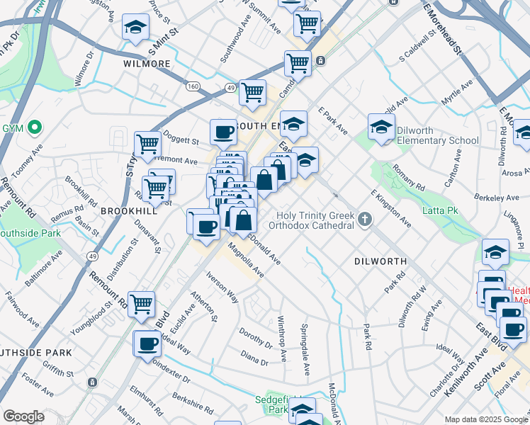 map of restaurants, bars, coffee shops, grocery stores, and more near 2058 Atherton Heights Lane in Charlotte