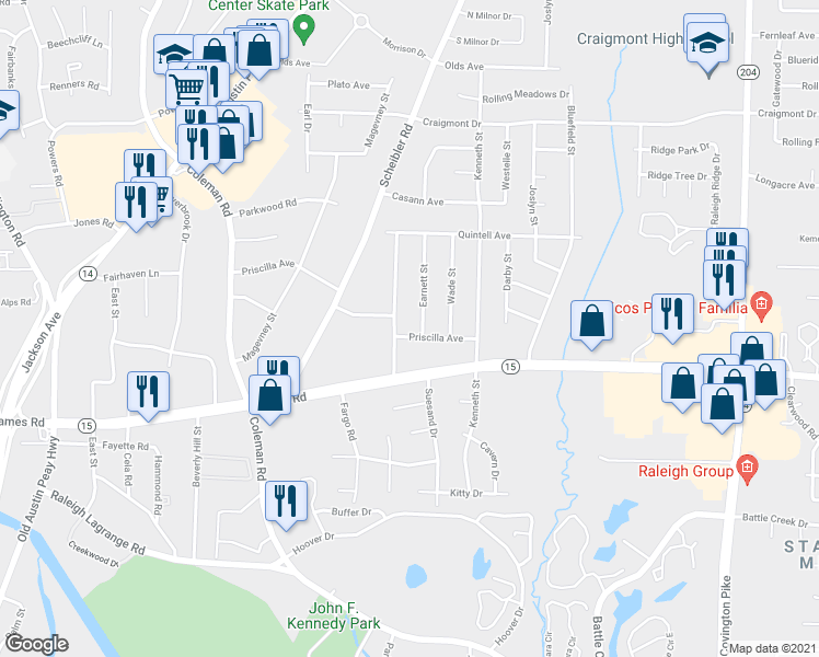 map of restaurants, bars, coffee shops, grocery stores, and more near 4687 Priscilla Avenue in Memphis
