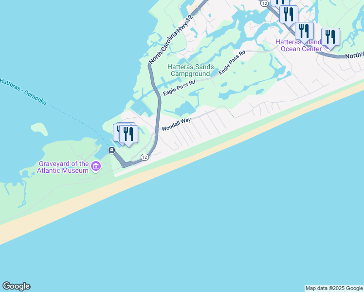 map of restaurants, bars, coffee shops, grocery stores, and more near 58229 Gray Eagle Road in Hatteras