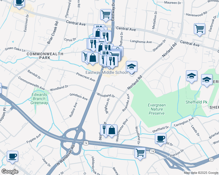 map of restaurants, bars, coffee shops, grocery stores, and more near 1300 Dresden Drive West in Charlotte