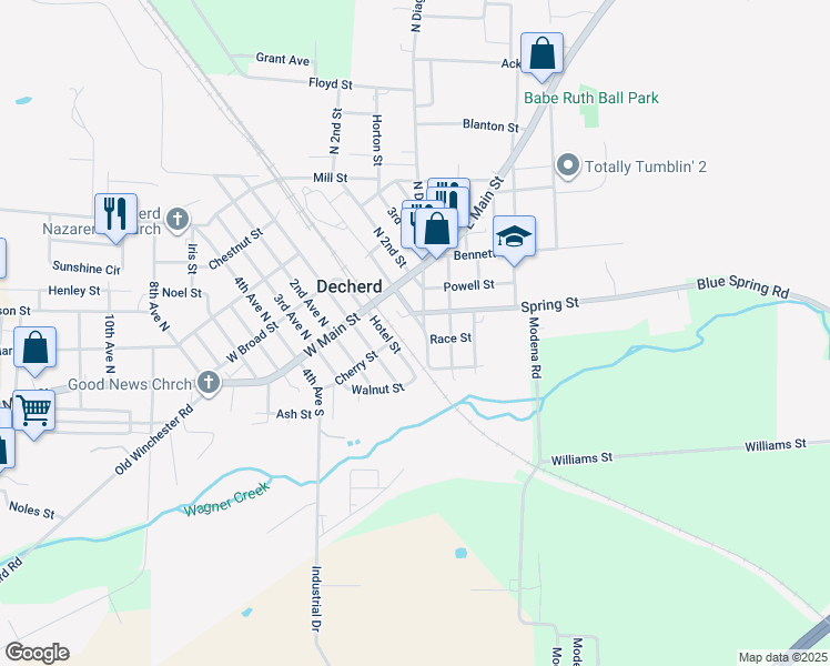 map of restaurants, bars, coffee shops, grocery stores, and more near 101 Cherry Street in Decherd