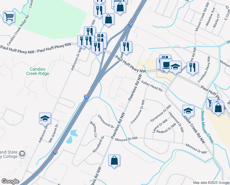map of restaurants, bars, coffee shops, grocery stores, and more near 3005 Tomahawk Circle Northwest in Cleveland