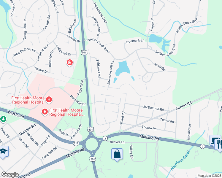 map of restaurants, bars, coffee shops, grocery stores, and more near 111 Sakonnet Trail in Pinehurst