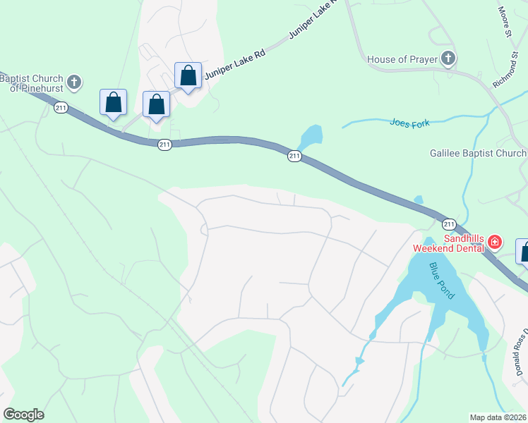map of restaurants, bars, coffee shops, grocery stores, and more near 34 Whitehaven Drive in Pinehurst