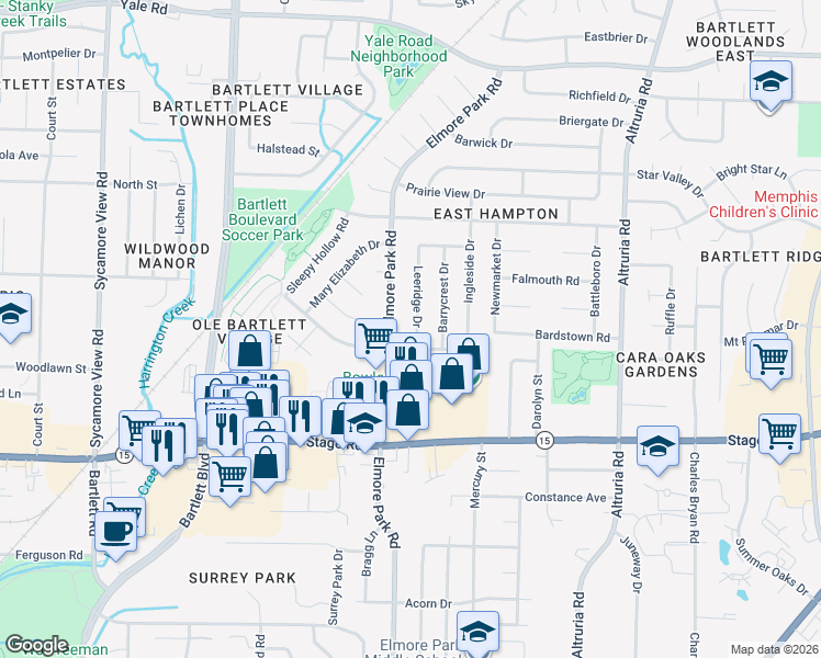 map of restaurants, bars, coffee shops, grocery stores, and more near 3013 Leeridge Drive in Bartlett