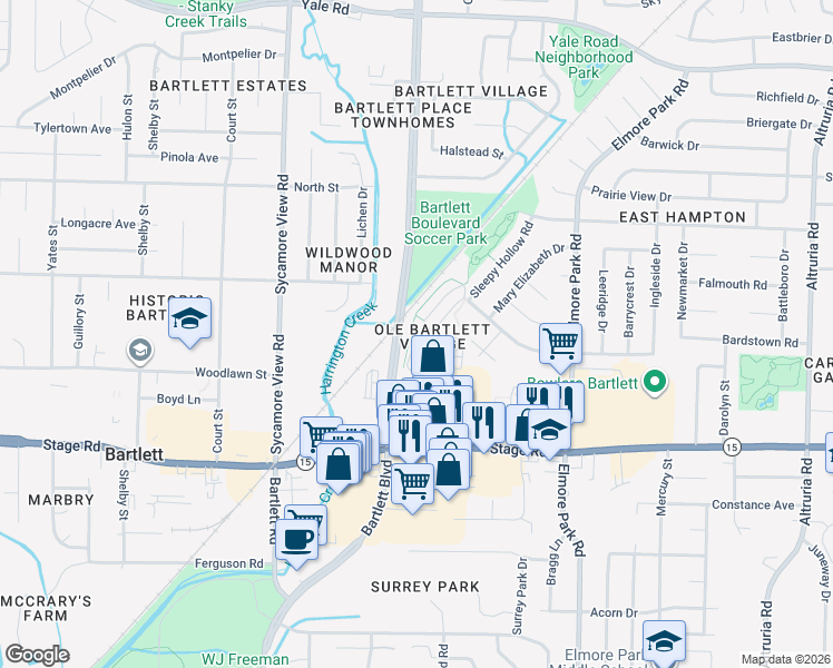 map of restaurants, bars, coffee shops, grocery stores, and more near 3019 Goforth Way in Bartlett